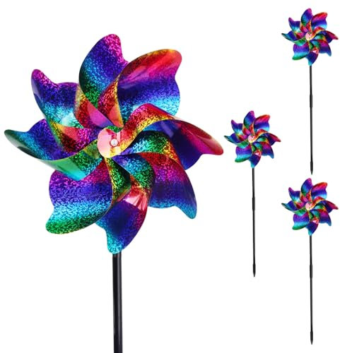 4Pcs Reflective Bird Scarer Windmill | Double Sided Gradient Colour Holographic Reflective Pigeon Deterrent Bird Repellent Windmill | Wind Spinners for Garden Home (Height 52cm)