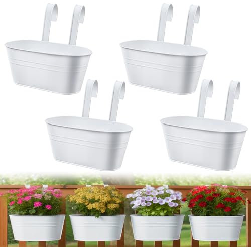 YedZen 4Pcs Metal Hanging Flower Pots, 27.5 cm Large Metal Iron Hanging Plant Pot with Detachable Hooks, Fence Hang Bucket Pots, White Plant Pots Wall Planters for Railing, Balcony, Garden