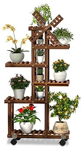 ZHANGXABN Wooden Plant Stand High Low Flower Shelves Planter Rack Storage Organizer Display For Indoor Outdoor Garden Balcony With Windmill Decoration Multifunctional (Color : Brown) (Brown)