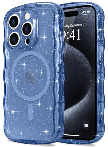 Pepmune for iPhone 15 Pro Case Clear Bling Compatible with Magsafe | Soft TPU Curly Wavy Frame & Hard PC Back,Sparkle Glitter Magnetic Cover,Slim Shockproof Wave Phone Case-Dark Blue