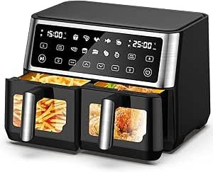 10L Dual Air Fryer, 2 Nonstick Drawers with Visible Window,10-In-1 Cooking Presets, Sync Cook & Finish, Smart Touch Screen, 1-24H Timer Function, Uses No Oil& Max Crisp, 50℃ to 200℃, Dishwasher Safe