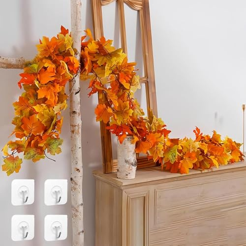 2 Stück Künstliche Ahornblatt Girlanden, 175cm*2 Herbst Girlande zum Aufhängen, Herbstlaub Blätter Deko, Herbst Dekoration, für Garten, Tür, Kamin Dekoration, Hochzeit, Party, Erntedankfest