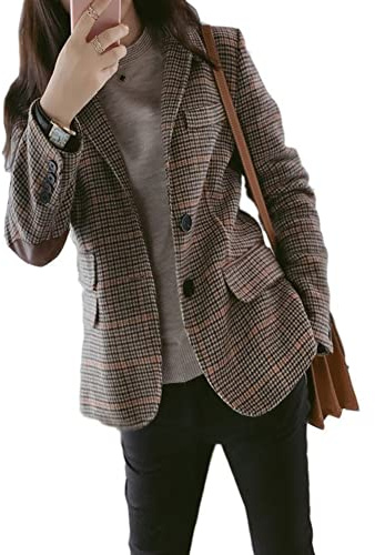 Giacca in tweed a quadri per donna monopetto stile boyfriend blazer giacca da completo cappotto con toppe sui gomiti, cachi, 44-46