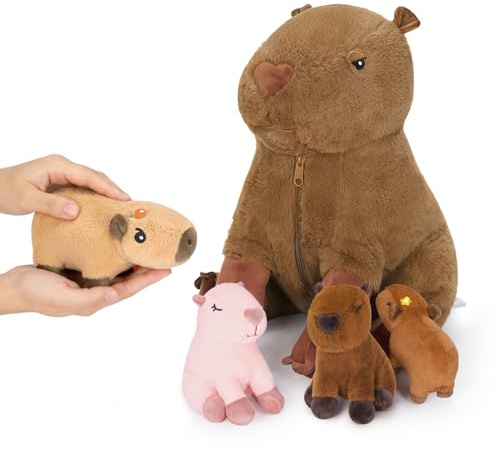 shownicer 5 Stück Capybara Plüschtier, 40cm Capybara Kuscheltier mit 4 Baby Stofftiere im Bauch, Plüsch Kissen Spielzeug Geschenk für Mädchen Jungen Kinder (Capybara Familie, Braun)