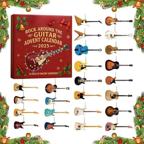 2025 Rock Around the Guitar Adventskalender 24 Tage Weihnachten Countdown Kalender Gitarre Adventskalender 2025 mit 24 Mini Gitarren Ornamente Rock and Roll Sammlerstück Geschenk für Musiker
