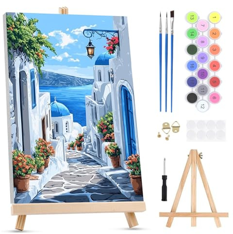 QENSPE Peinture par Numéros pour Adultes sur Toile Encadrée - avec Chevalet, Santorini Paint by Numbers Kit, Paysage Grec Peinture à l'huile Acrylique pour Décoration Murale Maison (20x30 cm)