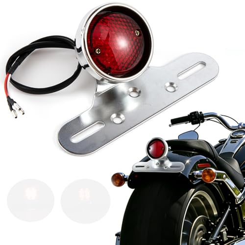 APEBAZY E24 E-Geprüft Motorrad Rücklicht LED Mit Halterung 12V Bremslicht Kennzeichenbeleuchtung Rotlicht für Street Bike Cruiser Chopper Cafe Race (Chrome)