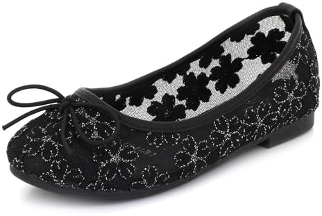 Girls Lace Ballet Pumps Flat Floral Embroidery Mesh Ballerina Slip On Party Wedding Bridesmaid Dress Shoes Size