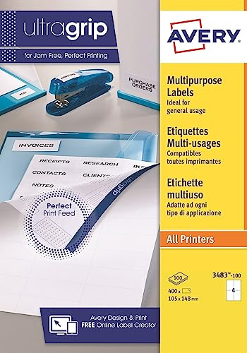 Avery 400 selbstklebende Etiketten, mehrzweck (4 Pro Blatt) – 105 x 148 mm – Eindruck Laser, Tintenstrahldrucker – Weiß (3483)