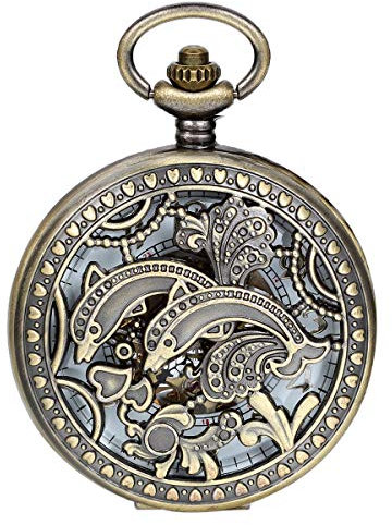 JewelryWe Vintage Niedliche Delphine Hohe Openwork Handaufzug Mechanische Taschenuhr Skelett Uhr Pullover Halskette Kette
