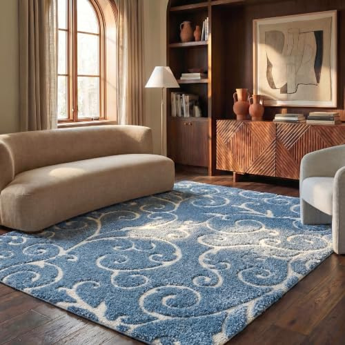 SAFAVIEH Florida Shag Collection Area Rug - 6' x 9', Light Blue & Cream, Scroll Design, Non-Shedding & Easy to Clean, High-Low Plush Pile, Ideal for Living Room, Bedroom, Dining Space (SG455-6011)