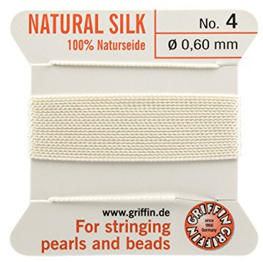 Griffin 100% Natural Silk Beading Cord String Thread - White - 2 metres with one Needle - Size 0.60mm