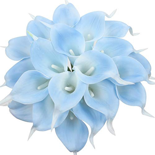 Veryhome 20 Pcs Calla Lily Bridal Bouquet of Flowers Artificial Flower Head Latex Real Touch Home,Party,Wedding Decoration (Sky Blue-White)