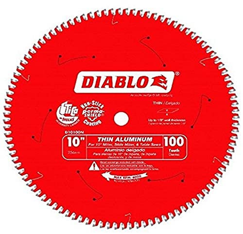 Diablo Saw Blade for Thin Aluminum Cutting - 10 Diameter, 100 TCG Teeth, 5/8 Arbor, .091 Kerf, -5° Hook Angle, .071 Plate, 6000 Max RPM - D10100N