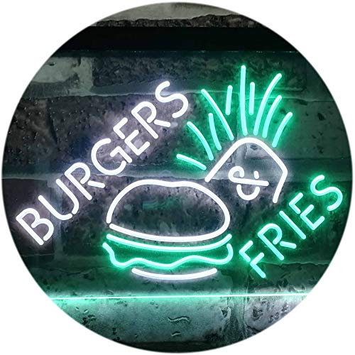 ADVPRO Burgers & Fries Fast Food Open Shop Dual Color LED Barlicht Neonlicht Lichtwerbung Neon Sign Weiß & Grün 400 x 300mm st6s43-i3192-wg