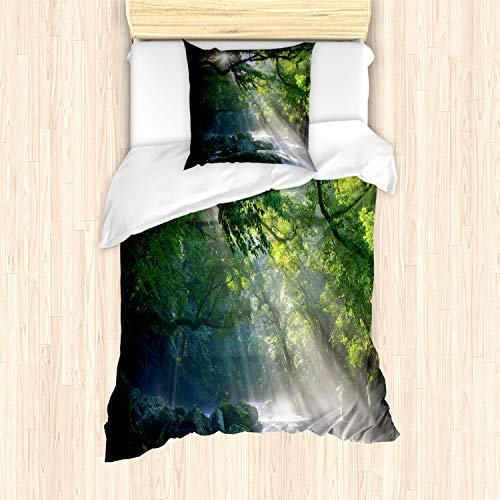 ABAKUHAUS Regenwald Bettbezug Set für Einzelbetten, Jungle Sonnenlicht Bäume, Milbensicher Allergiker geeignet mit Kissenbezug, Grün Grau