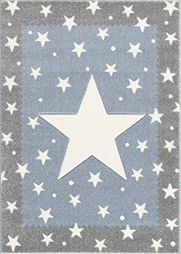 Livone Pflegeleicher Kinderteppich Kinderzimmer Babyteppich mit Sternen Punkte in Silber grau blau Grösse 120 x 170 cm