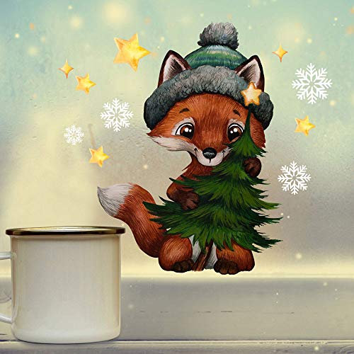 Fensterbild Weihnachtsdeko Weihnachten Fuchs mit Tannenbaum Sterne wiederverwendbar Fensterdeko Winter Fensterbilder Kinder bf141 - ausgewählte Größe: *3. Fuchs mit Tannenbaum*