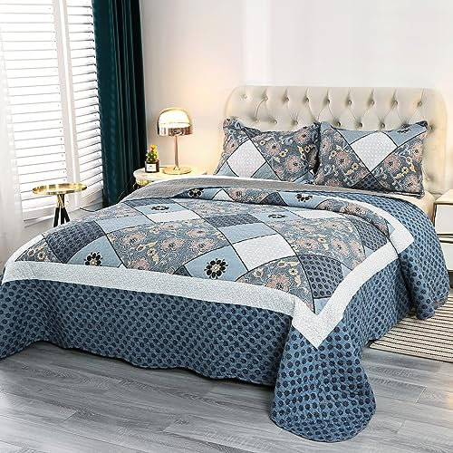 Qucover Tagesdecke 240x260cm für Bett, Patchwork Bettüberwurf aus Mikrofaser, Dünne Winter Steppdecke, Wendedesign,Blaue mit Blumenmuster