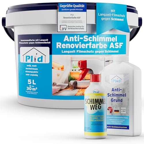 Plid® Anti Schimmel Renovierfarbe Innen Weiß 5L inkl. Spray + Grundierung [SANIER-SET] - Antischimmelfarbe für feuchte Räume, Bad & Küche - Wandfarbe weiß - Langzeitschutz gegen Schimmelbefall