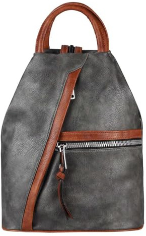 OBC Damen Rucksack Tasche Schultertasche Leder Optik Daypack Backpack Handtasche Tagesrucksack Cityrucksack Grau-Cognac