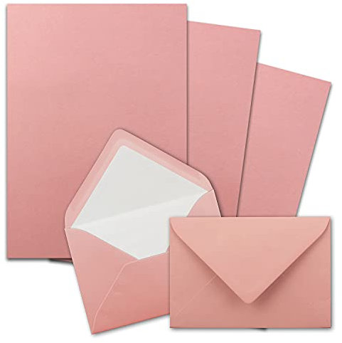 25x Briefpapier-Sets DIN A4 mit C6 gefütterten Briefumschlägen, Nassklebung - Alt-Rosa - mattes Schreibpapier und Kuverts mit weißem Seidenfutter