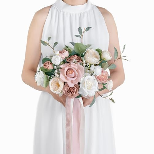BENCENTRE 35.6 cm weiße und staubige Rose Hochzeitsstrauß Austin Rose Mix künstliche Blumen, Brautparty, Party und französische rustikale Vintage-Hochzeit (Dusty Rose)