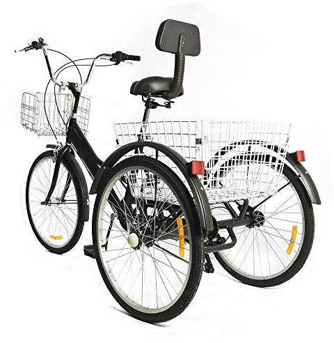 ROMYIX 24Inch 7 Speed Adult Tricycle With Basket,3-Wheel Adult Seniors Trike Bike, 264.55lbs Load,Saddle&Handlebars Height Adjustable Tricycle Cruiser Bikes for Men Womans bike (Black/Non-Foldable)