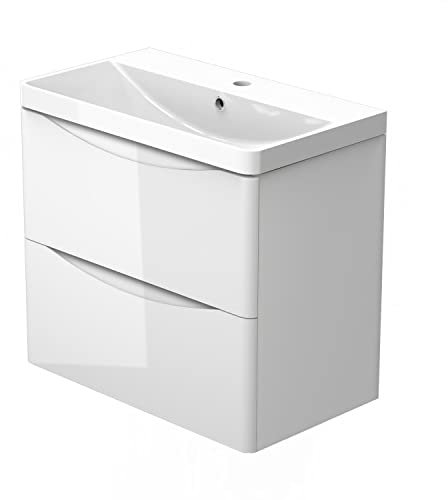 HAPAOSO Waschtisch mit Unterschrank 60 cm Breit Weiß Hochglanz Badmöbel Set Hängend 2 Soft-Close Schubladen MDF-Platte