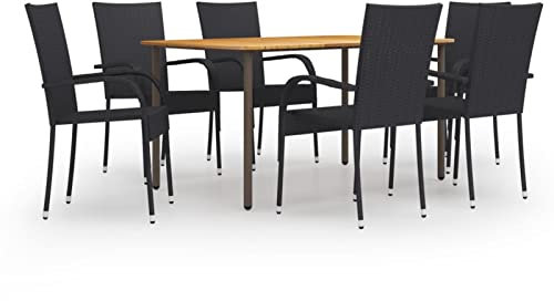 Gecheer 7-TLG. Garten Essgruppe 6 Personen, Terrassenmöbel Set 6 Personen, Sitzgruppe Esstisch mit Holz-Tischplatte & 6 Stapelbar Stühle, Gartenmöbel Set Poly Rattan Schwarz