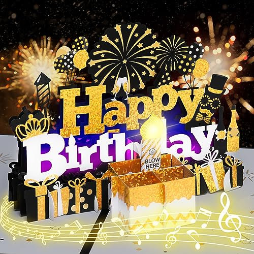 Geburtstagskarte, Musikalische Geburtstagskarten mit Licht und Musik, Blowable Kerze 3D Geburtstag Pop Up Karte, Blow Out LED Licht Kerze und spielen alles Gute zum Geburtstag-Schwarz Gold