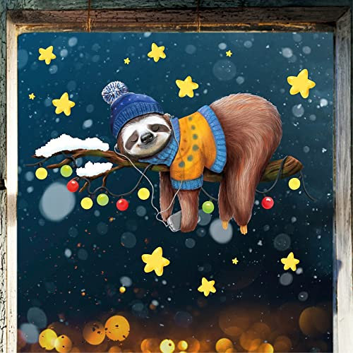 Wandtattoo Loft Fensterbilder Weihnachten Faultier auf Ast Motiv – Wiederverwendbar – A3 Bogen, 31 Sticker – Weihnachstdeko Fenster Kinderzimmer, Weihnachtsbilder Fenster, Fensterbild Winter