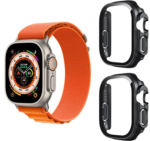 Aerku Custodia per Ultra 49MM, [Con Vetro Temperato] 9H HD Anti-Graffio Custodia Protettiva Telaio Rigida PC Cover Protezione - Nero [2 Pezzi]