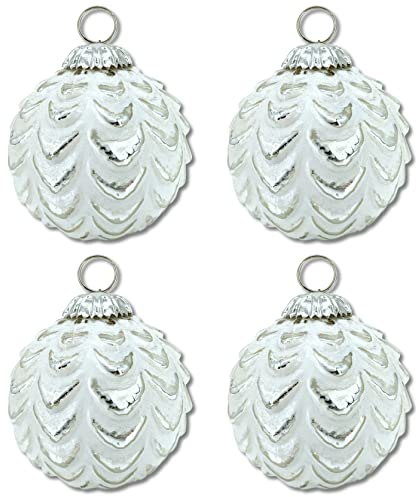 Glas Weihnachtskugel weiß Silber - B - 4 Stück 8,5 x 10cm Deko-Kugel Christbaumschmuck glänzend