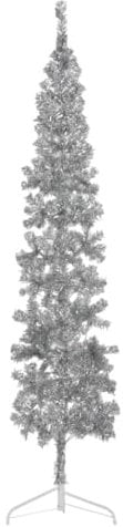 vidaXL Slim Artificial Half Christmas Tree with Stand Christmas Decoration Seasonal Ornament Holiday Decoration Half Xmas Tree Silver 210 cm