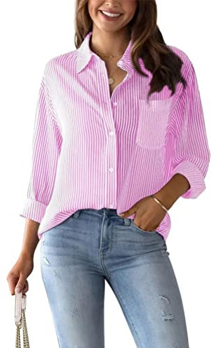 Tomwell Femmes Chemise Rayée Casual À Manches Longues Col V Chemisier Bouton de Bureau Classique Chemisier Élégant Haut Automne Hiver Slim Bouton Blouse Tops Shirts A Rose XS