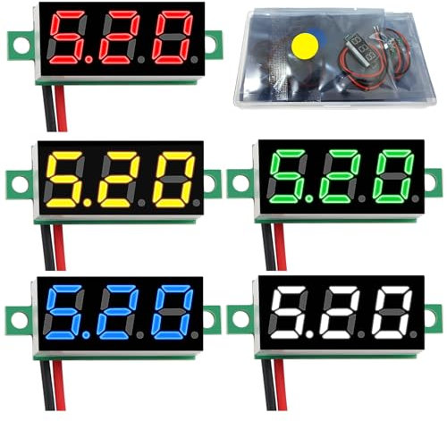 YIXISI 5 Piezas Mini Digital LED Voltímetro, Voltímetro de 0.28 , 2.4V-30V Mini Voltímetro DC con Dos Cables, Protección de Polaridad Inversa y Medición Precisa de la Presión (5 Colores)