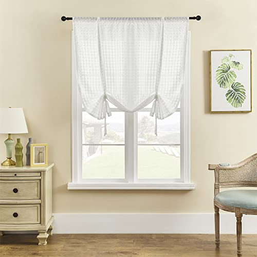 ele ELEOPTION Roman Tie-up Blind Curtain Sheer Seersucker Window Voile Tier Curtain for Bedroom, Living Room, Kitchen, Small Window (White, 60x120cm)