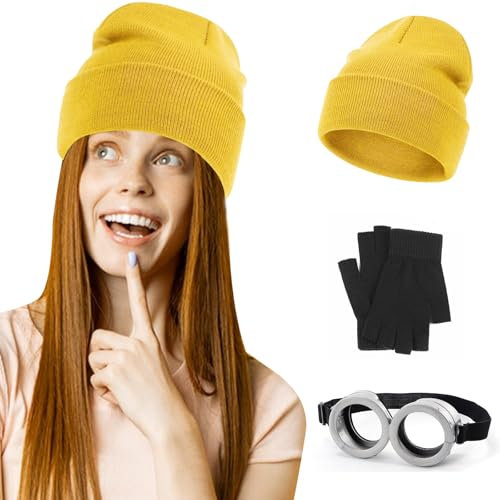Personalisierte Gelbes Strickmützen Set für Erwachsene Kinder 3 Stück Cartoon Cosplay Set Zubehör Cartoon Brille Gelber Hut Schwarze Handschuhe Karnevals Kostüm für Fasching Cosplay Party Maskerade