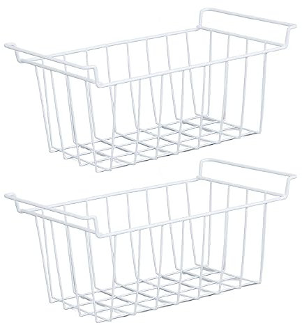 Asixxsix Cestas de congelador, 2Pcs cestas de Almacenamiento de Alambre de Alambre del congelador Colgante cestas de Armario Organizador de la Granja Estante de Cesta de Nevera con Mangos (White)