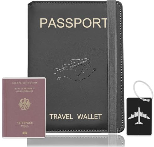 SUCCEFORT Reisepasshülle, Kunstleder Passhülle für Reisepass Kreditkarten Ausweis Reisedokumente mit RFID-Blocker, mit Transparenten Passhüllen Und Kofferanhänger, 15x11cm-Schwarz