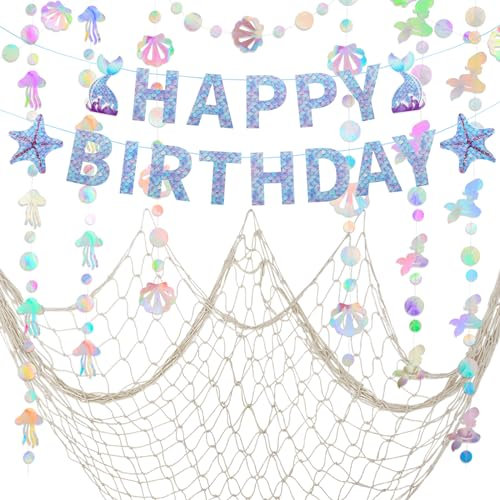 ZERODECO Meerjungfrau Geburtstag Dekorationen - Irisierende Girlande, Happy Birthday Banner und Fischnetz für Thema Piraten Nautische Party