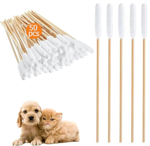 Ormromra 50pcs Dogs Ear Cleaning Swabs, 6 Inch Large Cotton Buds Animal Ear Cleaning Cotton Swab Sticks, Ear Remedy Cleaning Swabs for Cleaning Animals Ears Wax Infection Removal