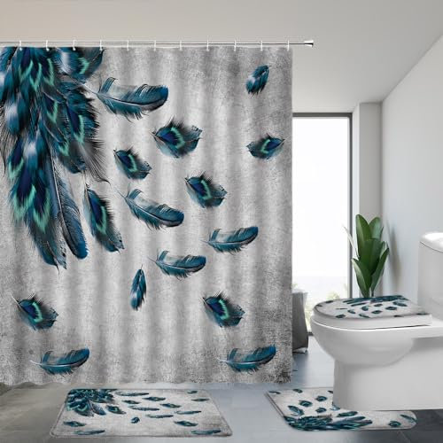 XHCEOH Lot de 4 rideaux de douche motif plumes turquoises, queue d'hibou, plumes de paon rétro oriental et floral 178 x 178 cm avec tapis de bain de 40 x 60 cm, tapis en forme de U et housse pour