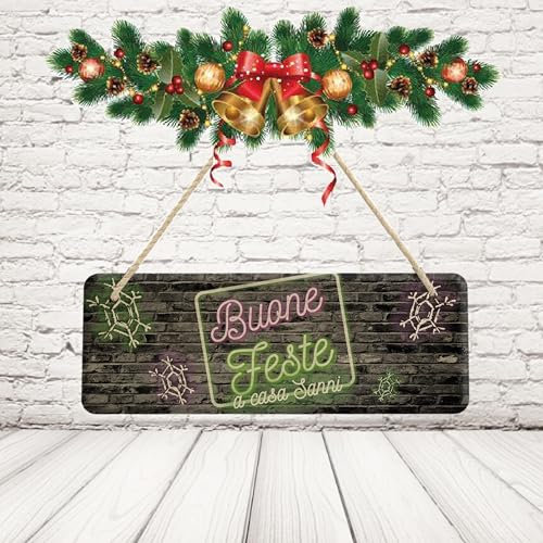 Fuoriporta Natalizio in Legno Targa Fuori Personalizzata con Nomi Famiglia Natale da appendere alla porta Esterno o Interno casa ''Christmas Neon''