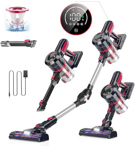 30000Pa Akku Staubsauger,Faltbar Staubsauger Kabellos,Bis zu 45 Min Laufzeit,Kabelloser Staubsauger mit LED Display,Abnehmbarer Akku,LED Elektrobürste für Hartböden/Teppich/Tierhaare/Auto/Zuhause