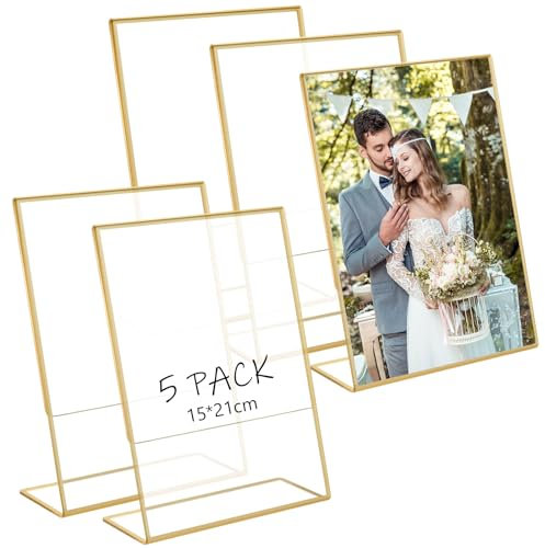 Bocguy 5 Stück A5 (15 x 21cm) Acryl Bilderrahmen Gold, Schräg Klarer Zeichen-Anzeigehalter für Restaurant-Menü-Anzeige, Hochzeit Tischnummern, Werbeanhänger, Fotos-Anzeige