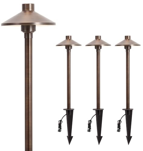 Gardencoin Solid Brass Low Voltage Landscape Pathway Lights (6.7'' Shade, 21.9'' Tall), 12V AC/DC Heavy Duty LED Path Lights Outdoor Wired, Antique Bronze Walkway Lights Without G4 Bulb, 4 Pack