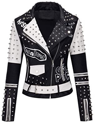 Geschallino Damen Jacke Kunstleder Große Größen Graffiti Nietennieten Punk Blumen Moto Biker Mantel 0376Plus Schwarz 4XL