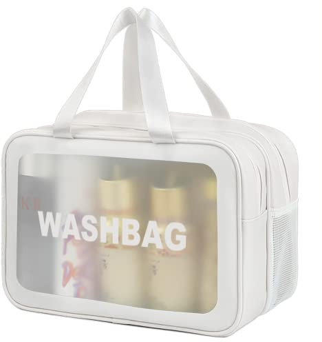 SZDPC Groß Kulturbeutel Damen & Herren, Reise Kulturtasche mit Tragegriff, matt durchscheinende Duschtasche (White-XL)